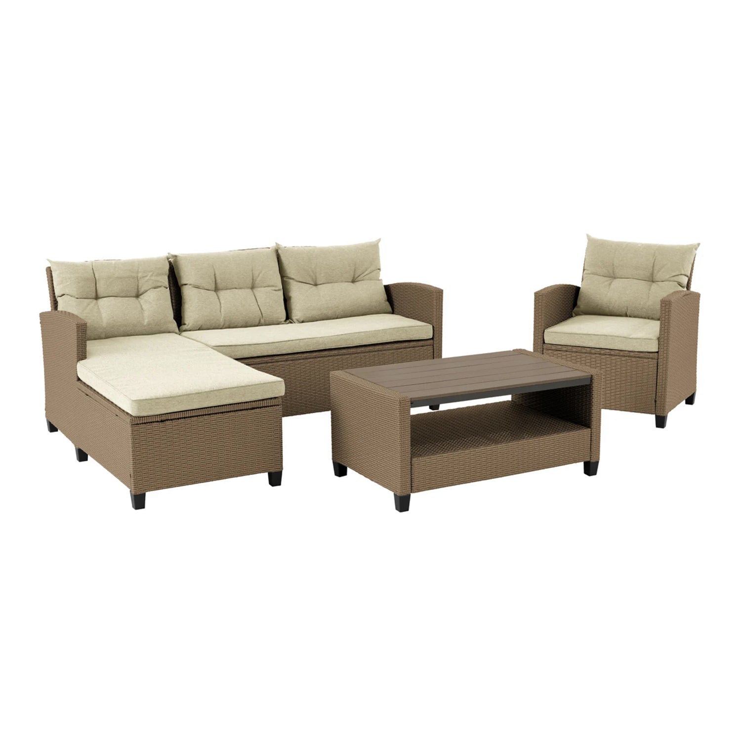 Bilbao Rattan Outdoor Corner Sofa Set with Coffee Table and Armchair - Brown / Beige