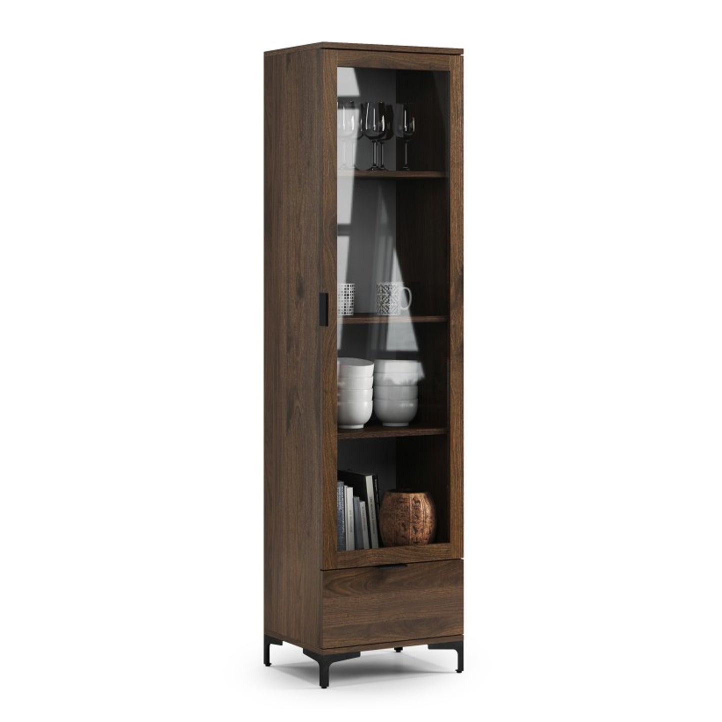 Lana Modern Display Cabinet with Glass Door and Drawer – Elegant Walnut