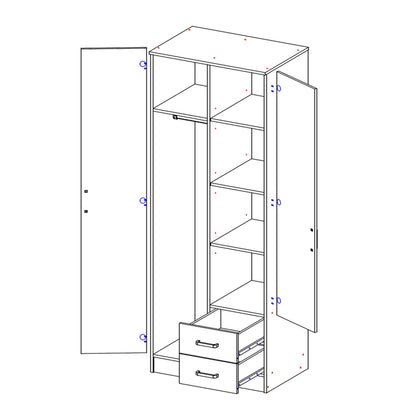 Tilly 2 Door Minimalist Style Mirrored Wardrobe with Drawers 80cm - White