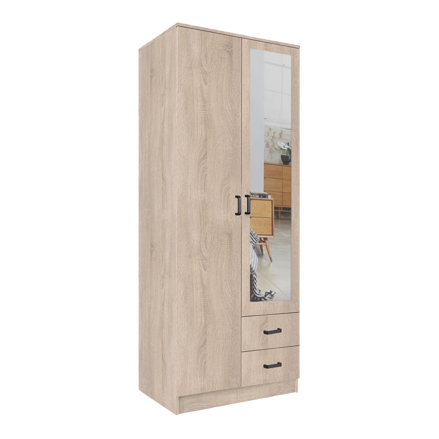Tilly 2 Door Minimalist Style Mirrored Wardrobe with Drawers 80cm - Sonoma Oak
