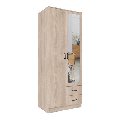 Tilly 2 Door Minimalist Style Mirrored Wardrobe with Drawers 80cm - Sonoma Oak