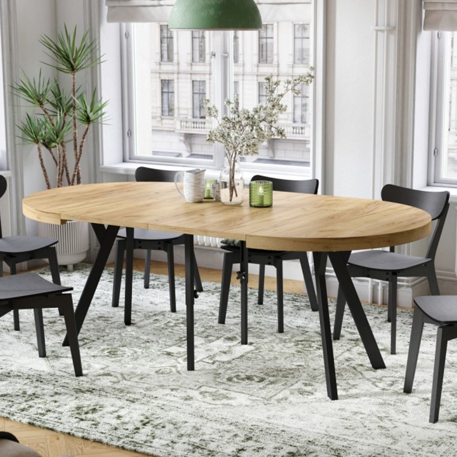 Expanso Round Extendable Dining Table with Y-Legs Loft - Gold Craft Oak / Black