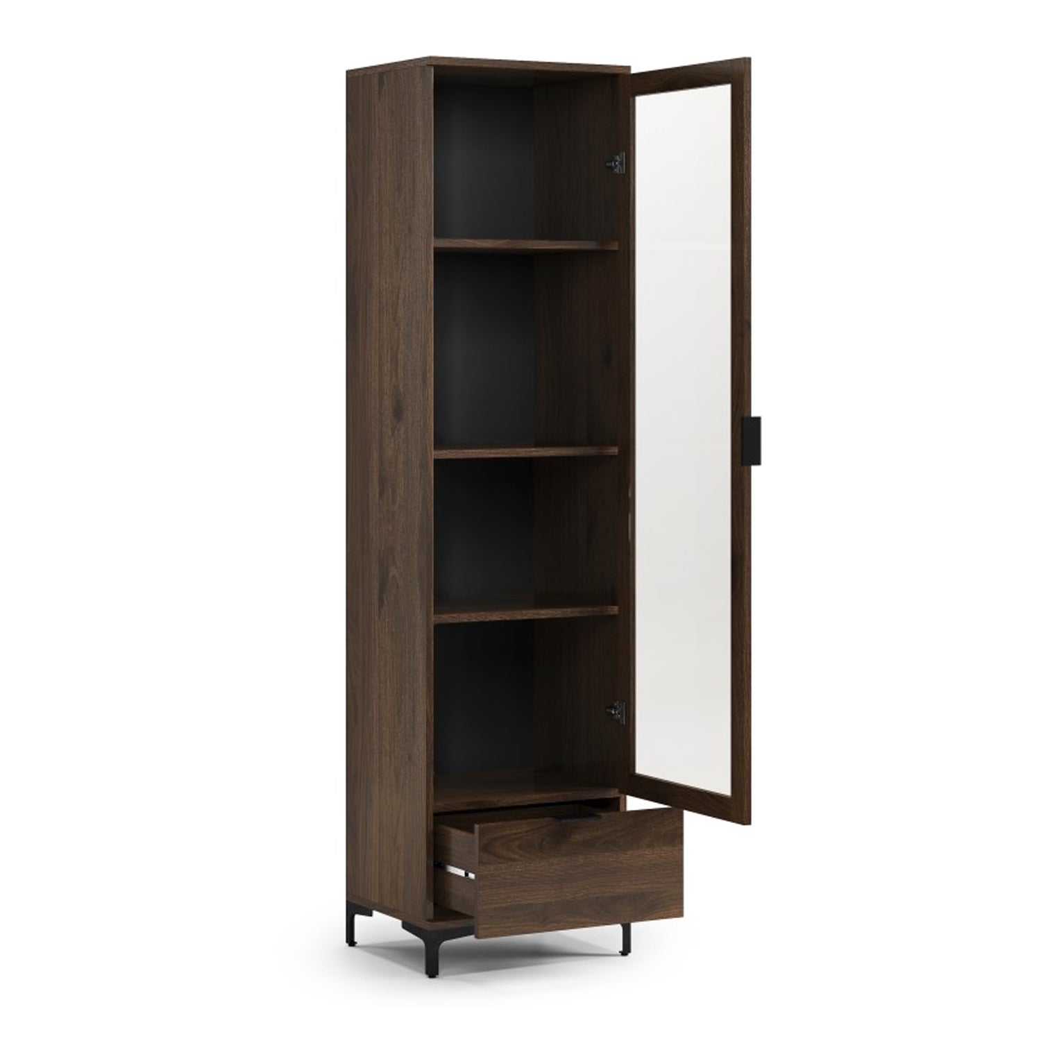 Lana Modern Display Cabinet with Glass Door and Drawer – Elegant Walnut