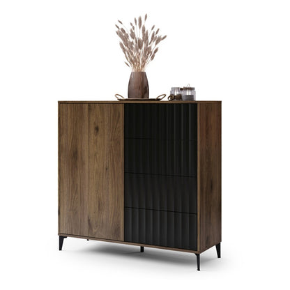 Rimini Premium Sideboard with 4 Ribbed Drawers – Elegant Walnut / Black