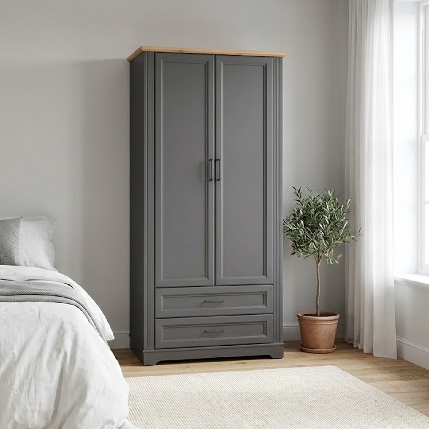 Toya Tall Storage Wardrobe with Drawers - Graphite / Artisan Oak
