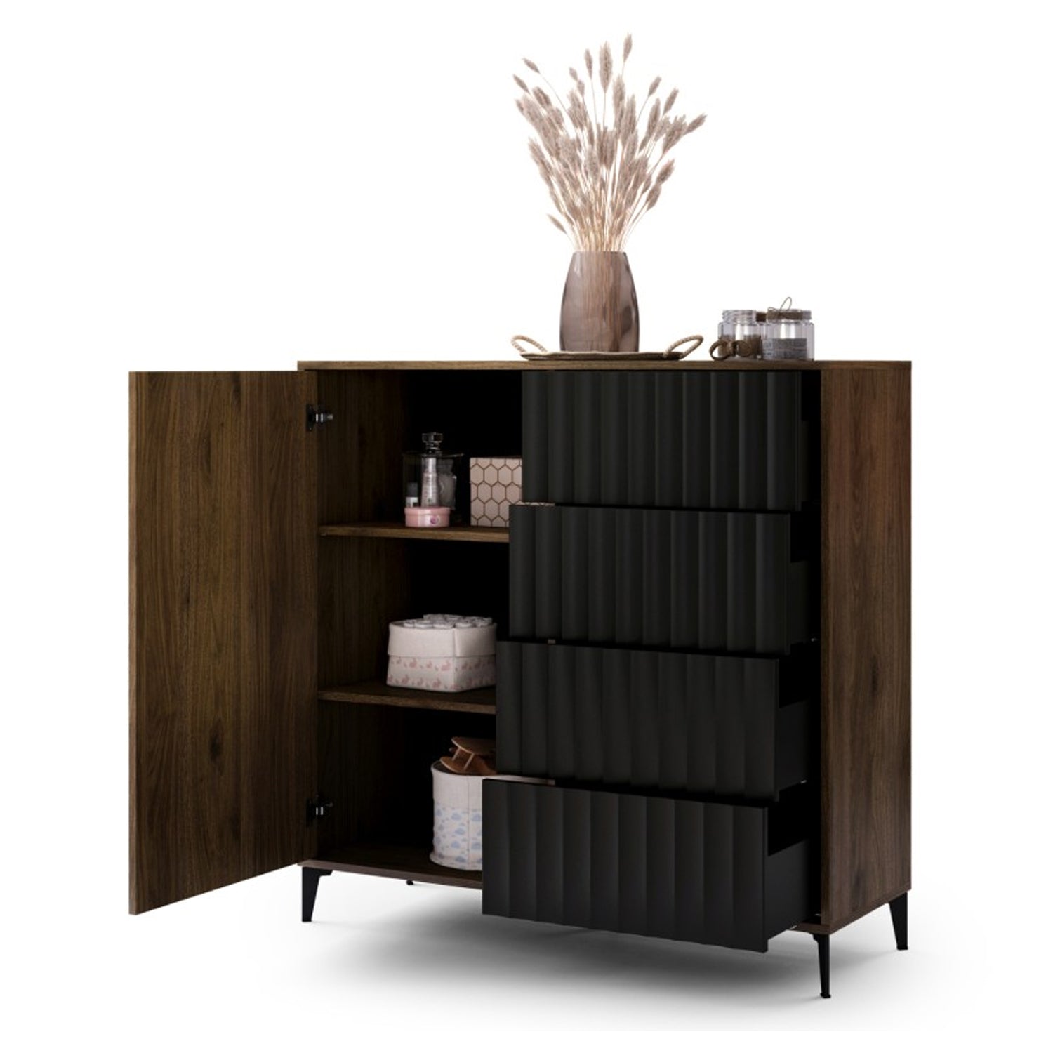 Rimini Premium Sideboard with 4 Ribbed Drawers – Elegant Walnut / Black