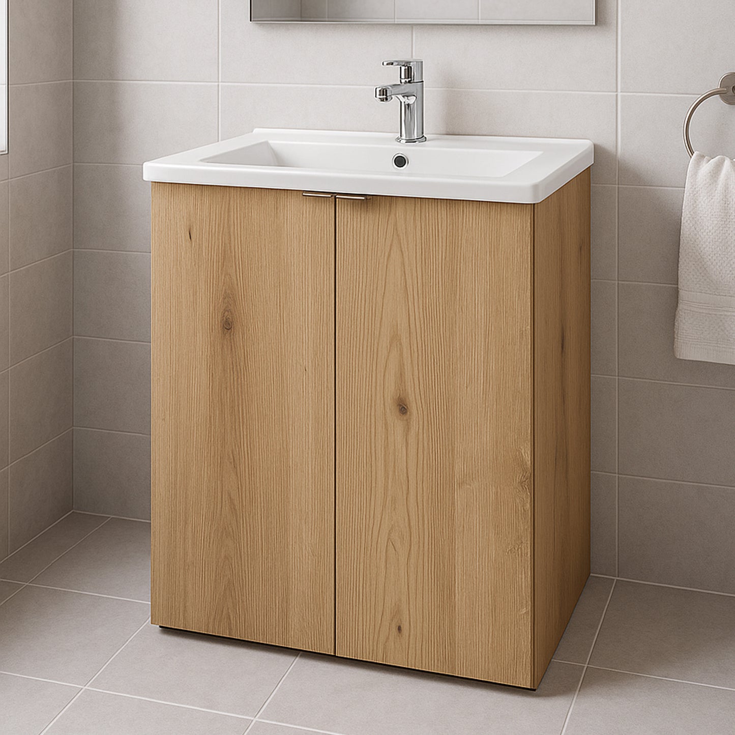 Dove 2 Door Bathroom Cabinet Vanity Unit with Built-In Basin 50cm - Evoke Oak