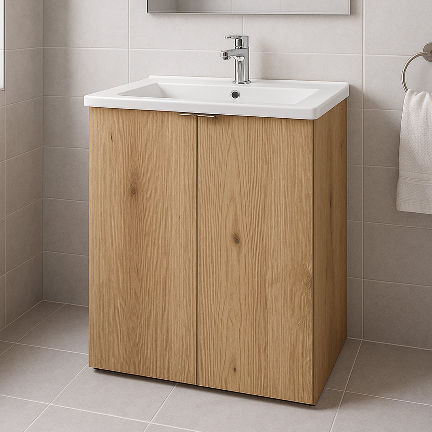 Dove 2 Door Bathroom Cabinet Vanity Unit with Built-In Basin 50cm - Evoke Oak