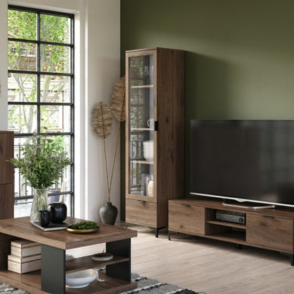 Lana Modern Display Cabinet with Glass Door and Drawer – Elegant Walnut