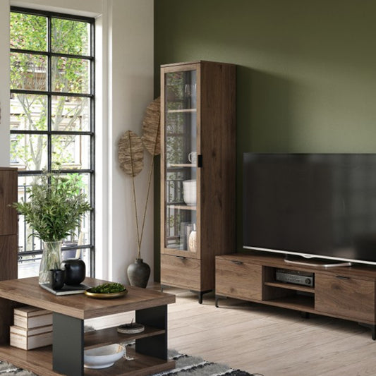 Lana Modern Display Cabinet with Glass Door and Drawer – Elegant Walnut