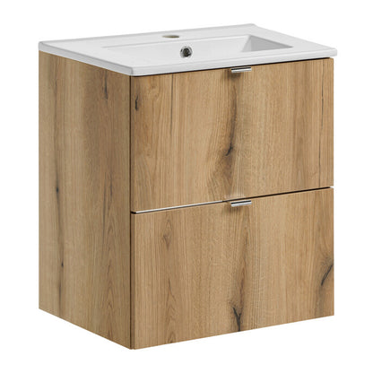 Dove 2 Drawer Bathroom Cabinet Vanity Unit with Built-In Basin 50cm - Evoke Oak
