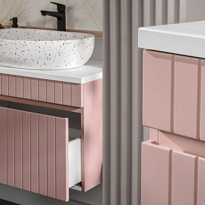 Iconic Bathroom Wall Mounted 100cm Vanity Unit Set with Tall Cabinet, Mirror and Worktop Basin - Rose