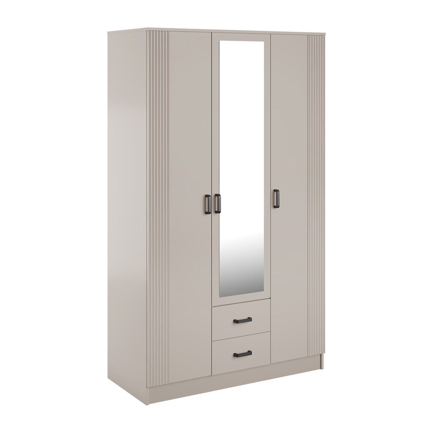 Luna 3 Door Fluted Style Mirrored Wardrobe with Drawers 120cm - Cashmere