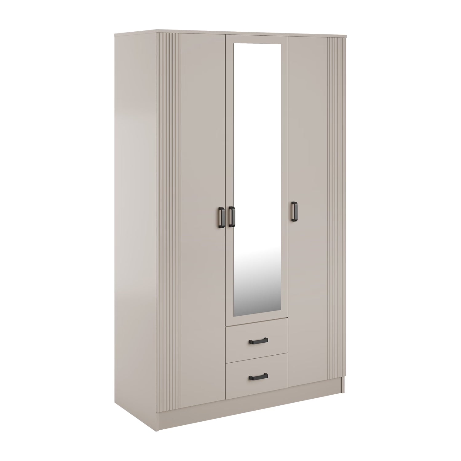 Luna 3 Door Fluted Style Mirrored Wardrobe with Drawers 120cm - Cashmere