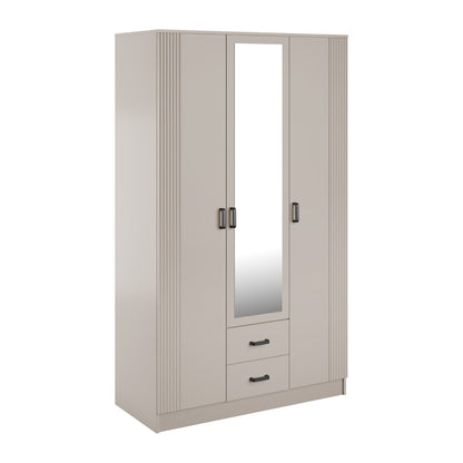 Luna 3 Door Fluted Style Mirrored Wardrobe with Drawers 120cm - Cashmere