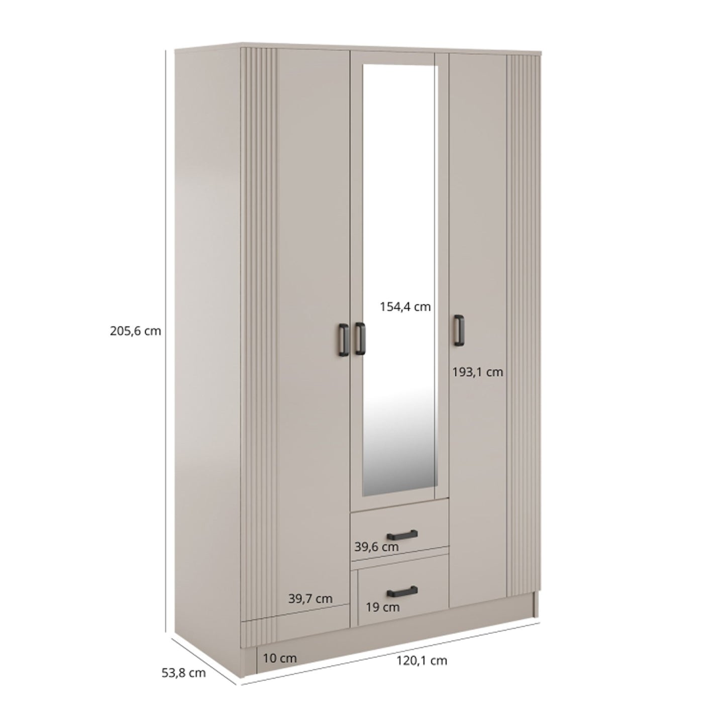 Luna 3 Door Fluted Style Mirrored Wardrobe with Drawers 120cm - Cashmere