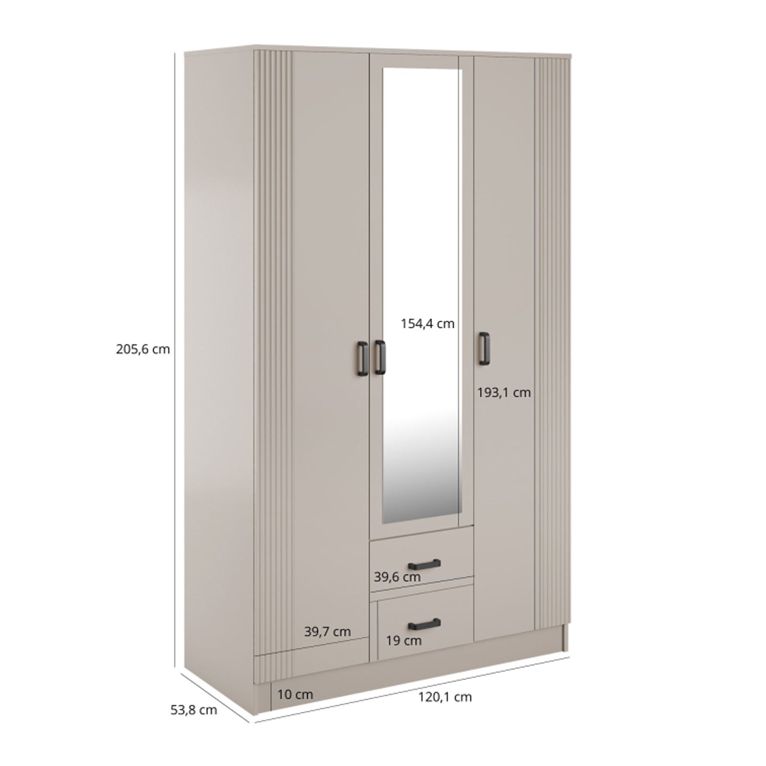 Luna 3 Door Fluted Style Mirrored Wardrobe with Drawers 120cm - Cashmere