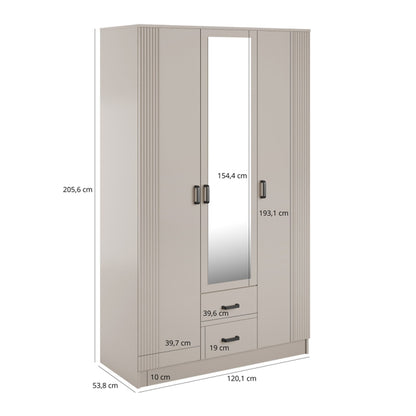 Luna 3 Door Fluted Style Mirrored Wardrobe with Drawers 120cm - Cashmere