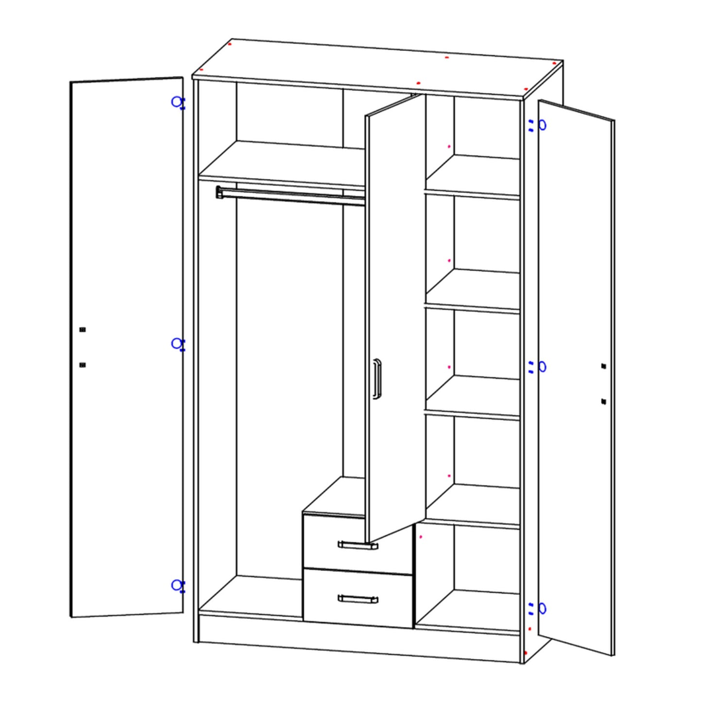 Luna 3 Door Fluted Style Mirrored Wardrobe with Drawers 120cm - Cashmere