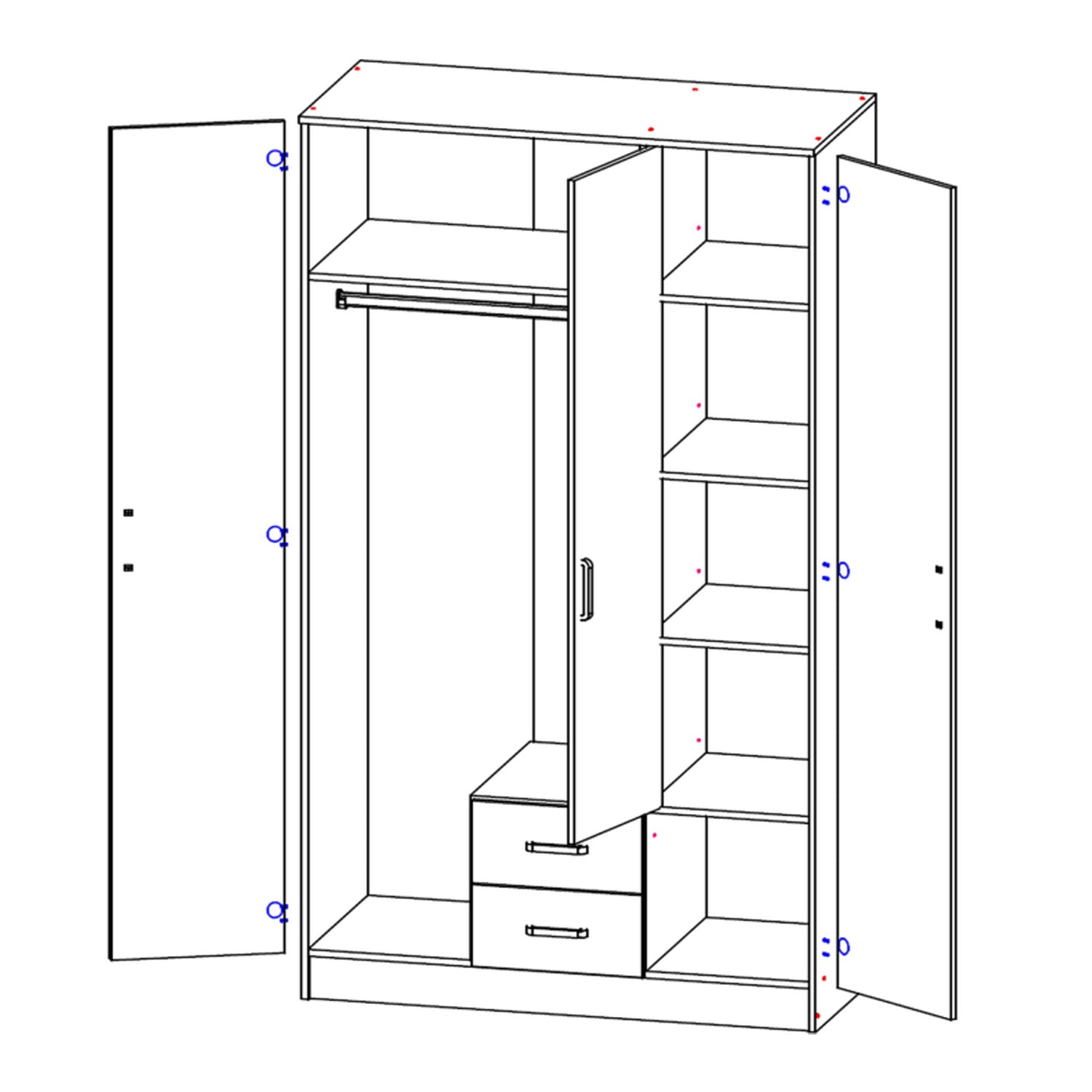 Luna 3 Door Fluted Style Mirrored Wardrobe with Drawers 120cm - Cashmere