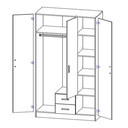 Luna 3 Door Fluted Style Mirrored Wardrobe with Drawers 120cm - Cashmere