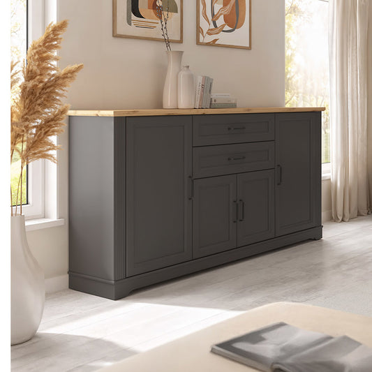 Toya Large Sideboard Cabinet with Drawers and Cupboards - Graphite / Artisan Oak