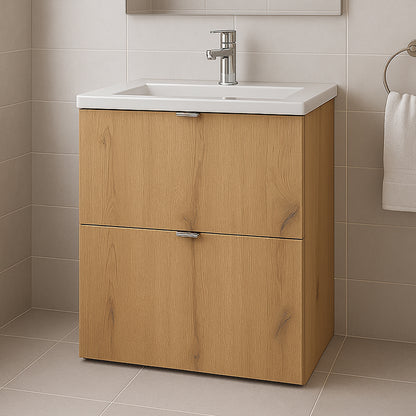 Dove 2 Drawer Bathroom Cabinet Vanity Unit with Built-In Basin 50cm - Evoke Oak