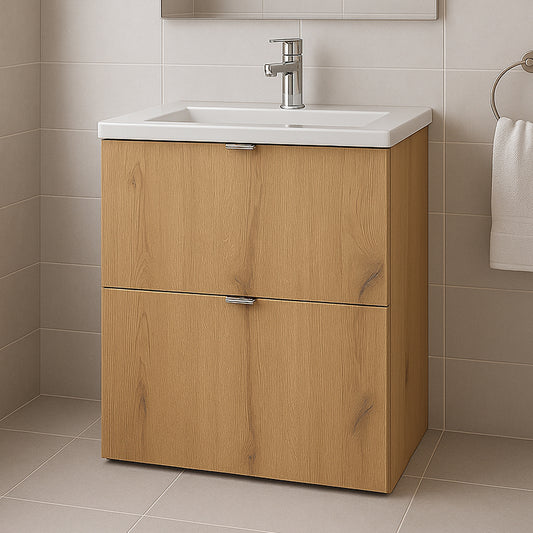 Dove 2 Drawer Bathroom Cabinet Vanity Unit with Built-In Basin 50cm - Evoke Oak