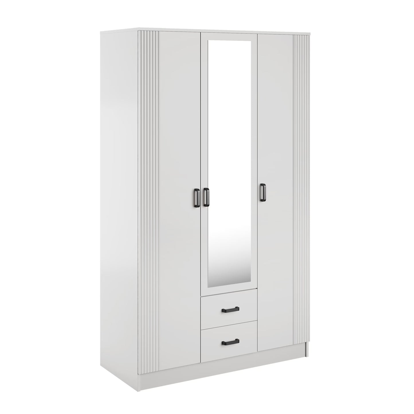 Luna 3 Door Fluted Style Mirrored Wardrobe with Drawers 120cm - White
