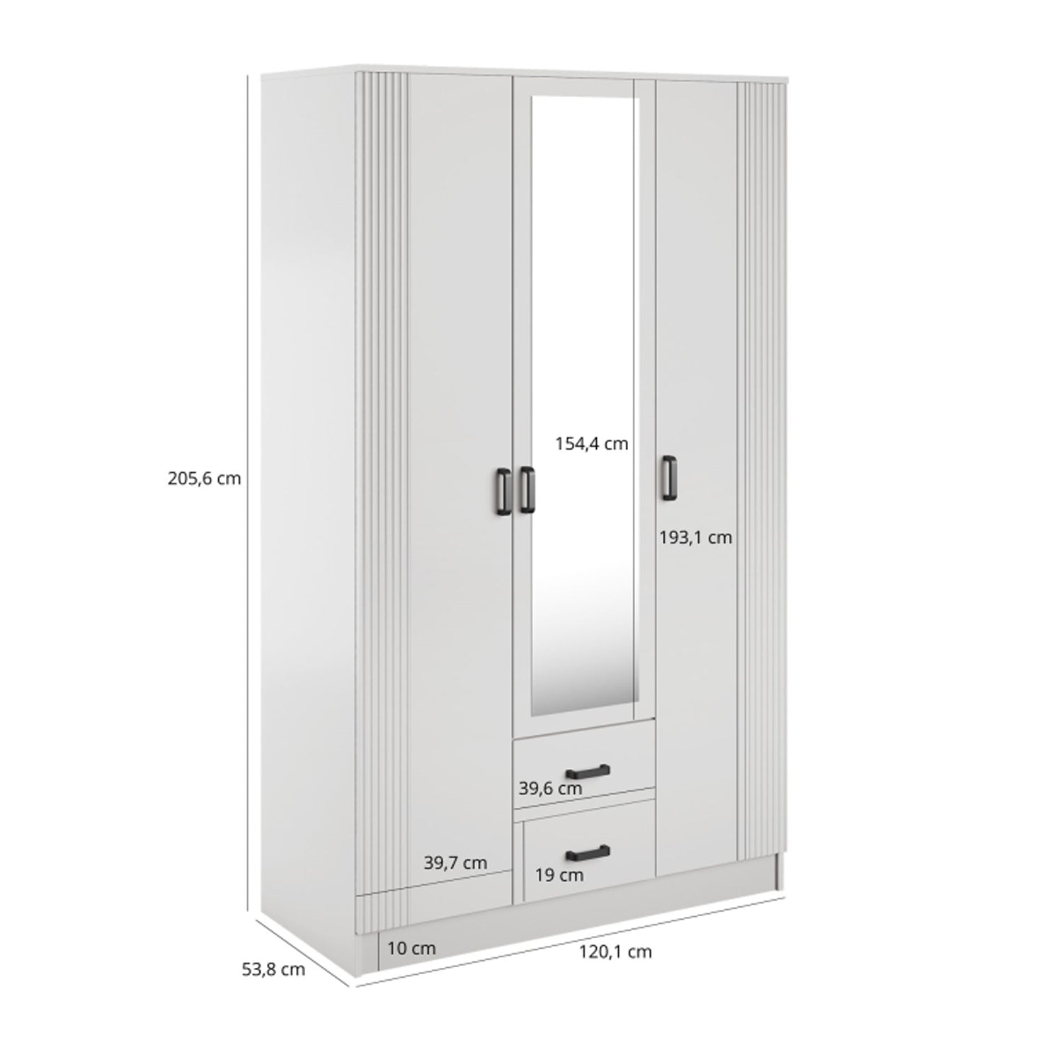 Luna 3 Door Fluted Style Mirrored Wardrobe with Drawers 120cm - White