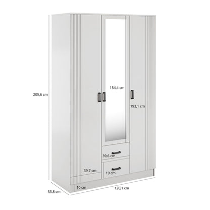 Luna 3 Door Fluted Style Mirrored Wardrobe with Drawers 120cm - White