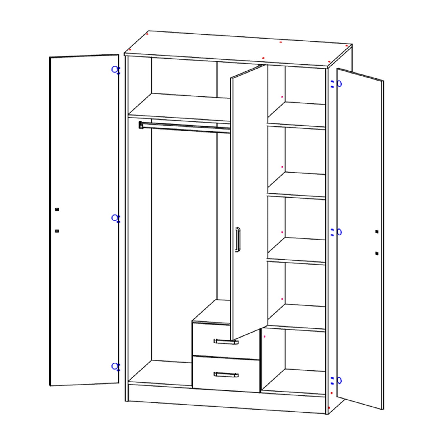 Luna 3 Door Fluted Style Mirrored Wardrobe with Drawers 120cm - White