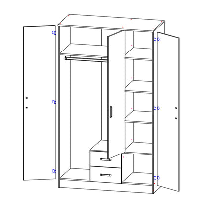 Luna 3 Door Fluted Style Mirrored Wardrobe with Drawers 120cm - White