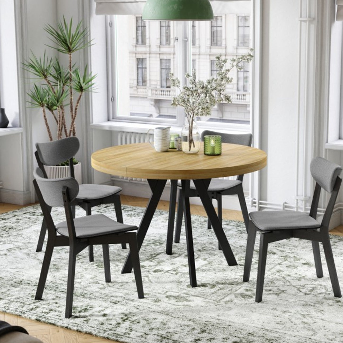 Expanso Round Extendable Dining Table with Y-Legs Loft - American Oak / Black