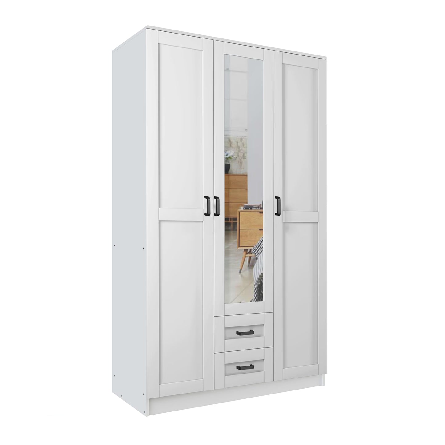 Klara 3 Door Shaker Style Mirrored Wardrobe with Drawers 120cm - White