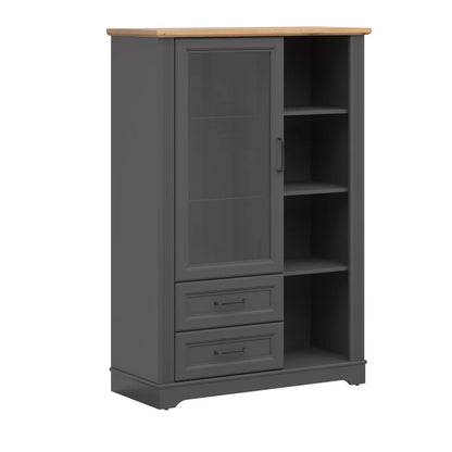 Toya Tall Display Cabinet with Glass Door, Drawers and Shelves - Graphite / Artisan Oak