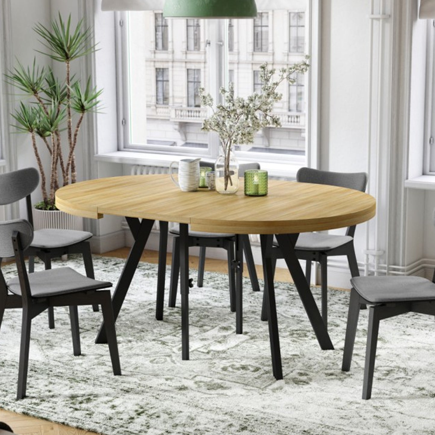 Expanso Round Extendable Dining Table with Y-Legs Loft - American Oak / Black