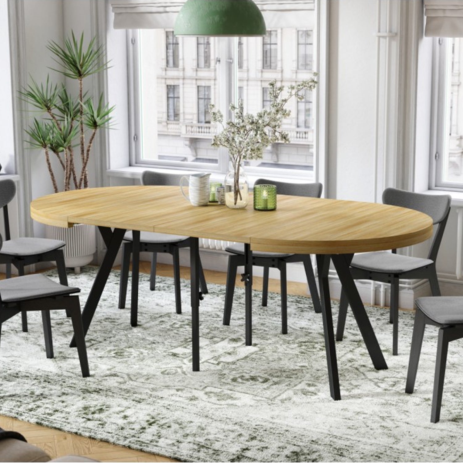 Expanso Round Extendable Dining Table with Y-Legs Loft - American Oak / Black