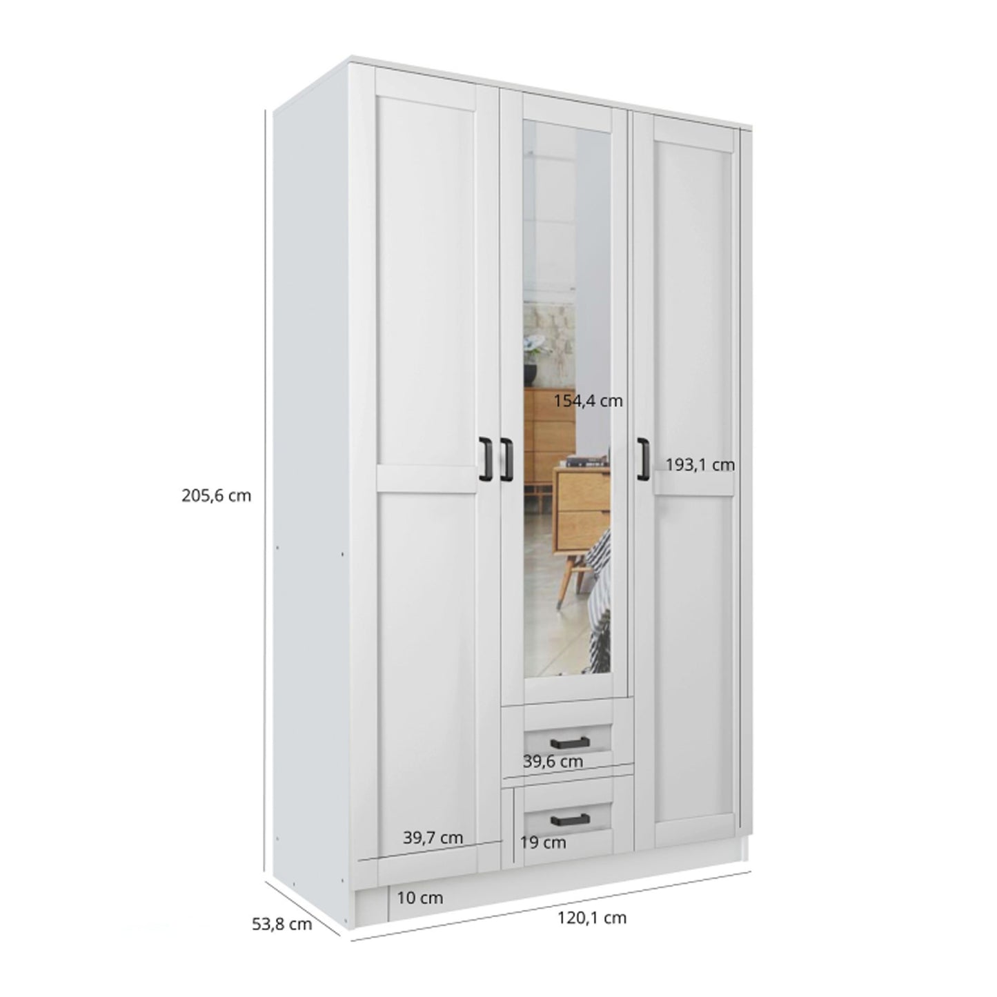 Klara 3 Door Shaker Style Mirrored Wardrobe with Drawers 120cm - White
