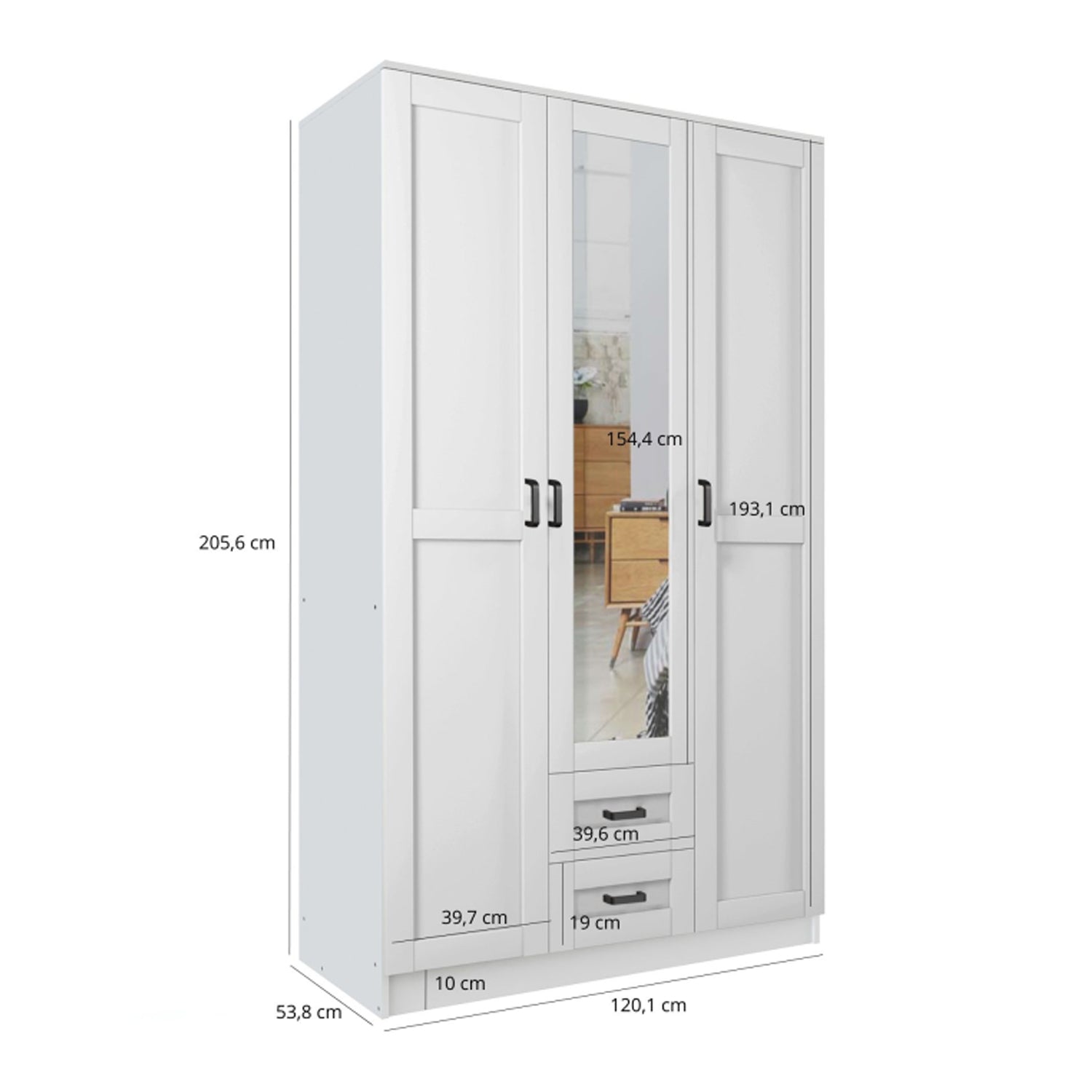 Klara 3 Door Shaker Style Mirrored Wardrobe with Drawers 120cm - White