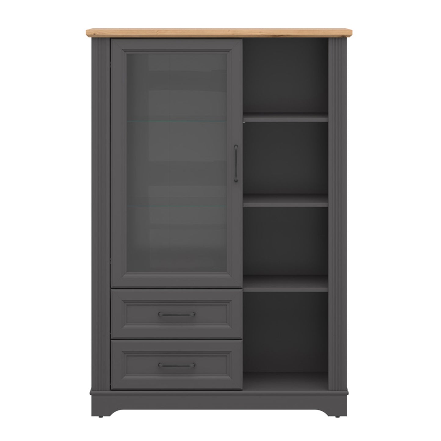 Toya Tall Display Cabinet with Glass Door, Drawers and Shelves - Graphite / Artisan Oak