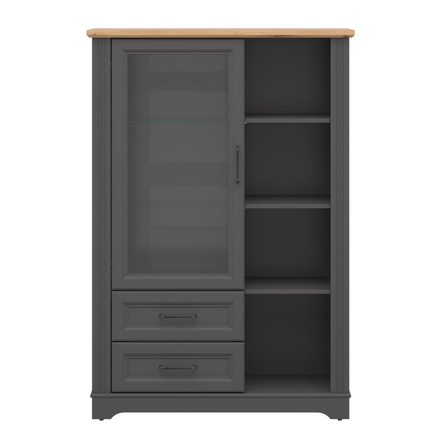 Toya Tall Display Cabinet with Glass Door, Drawers and Shelves - Graphite / Artisan Oak