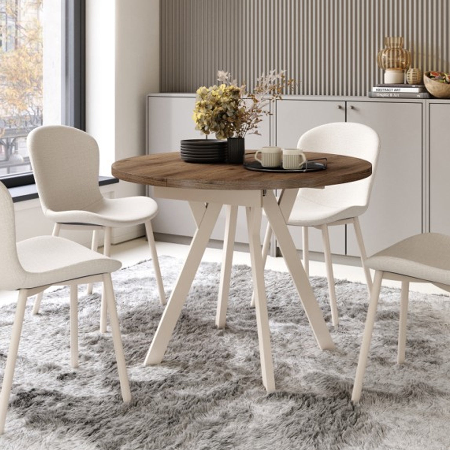 Aldo Modern Round to Oval Extending Dining Table with Steel Legs 90cm - Elegant Walnut / Beige