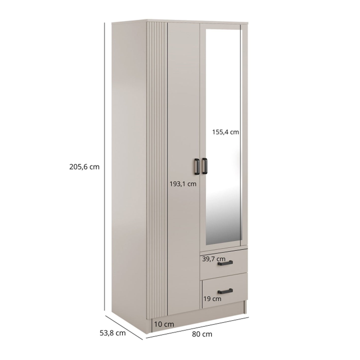 Suzanne 2 Door Fluted Design Mirrored Wardrobe with Drawers 80cm - Cashmere