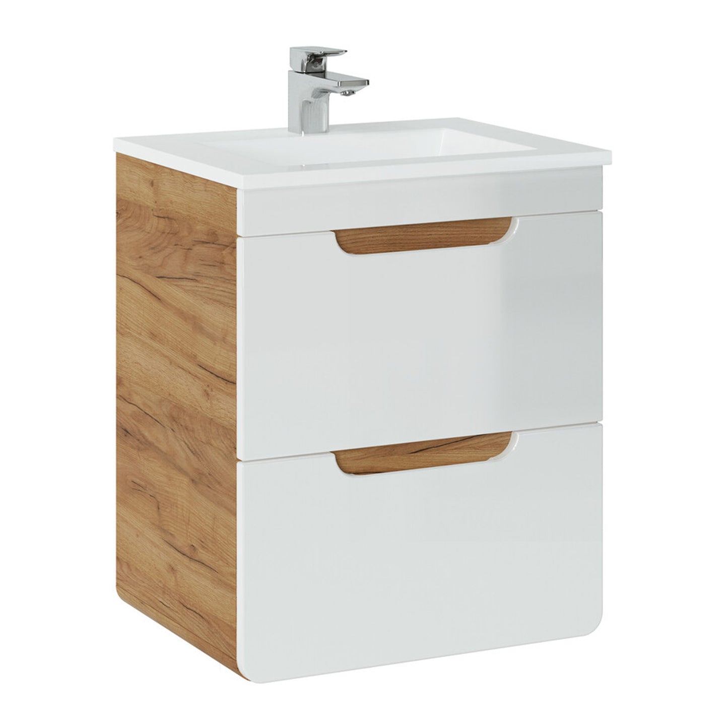 Aruba 2 Drawer Bathroom Cabinet Vanity Unit 50cm with Built-In Basin - Gold Craft Oak / White Gloss