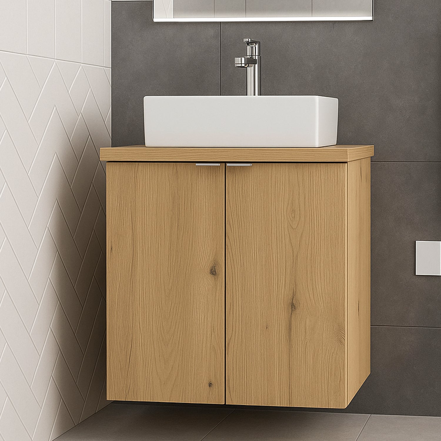 Dove 2 Door Bathroom Cabinet Vanity Unit with Rectangular Worktop Basin 50cm - Evoke Oak