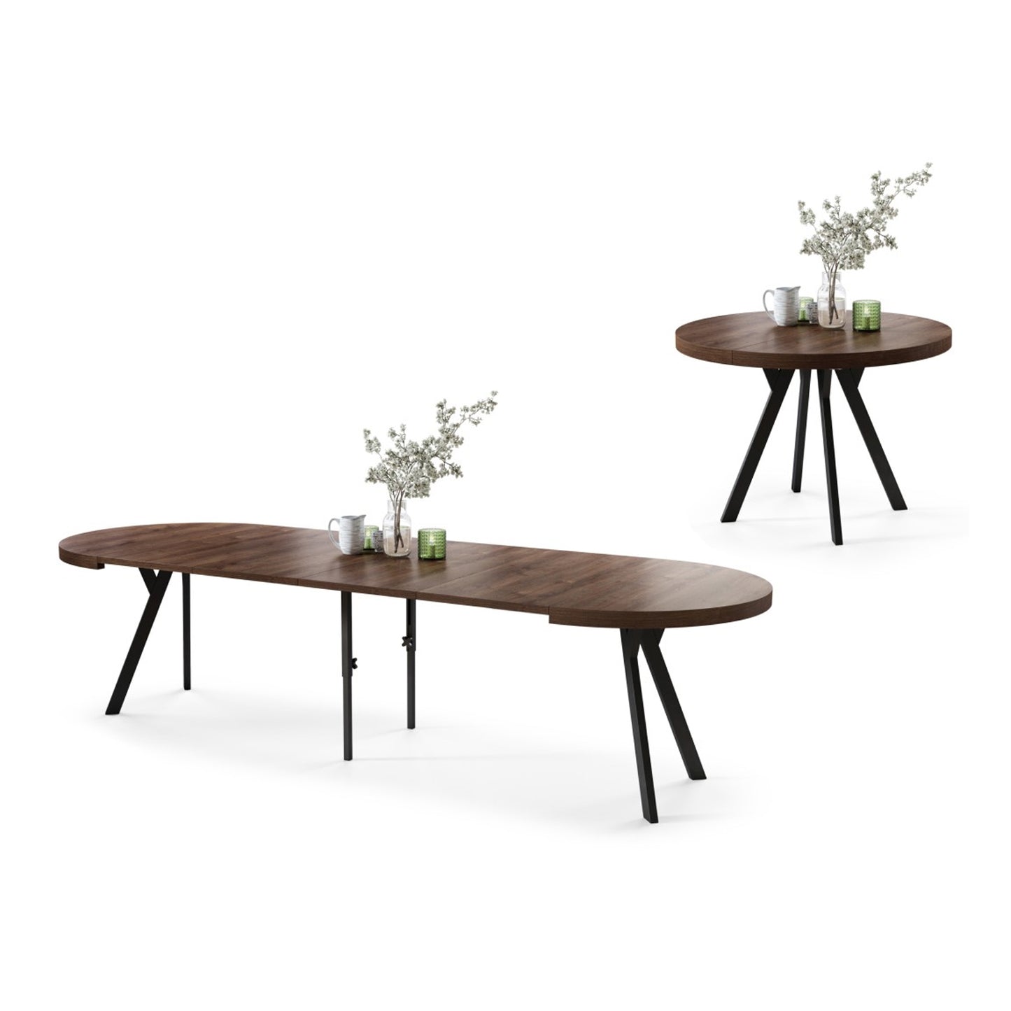 Expanso Round Extendable Dining Table with Y-Legs Loft - Brown Oak / Black