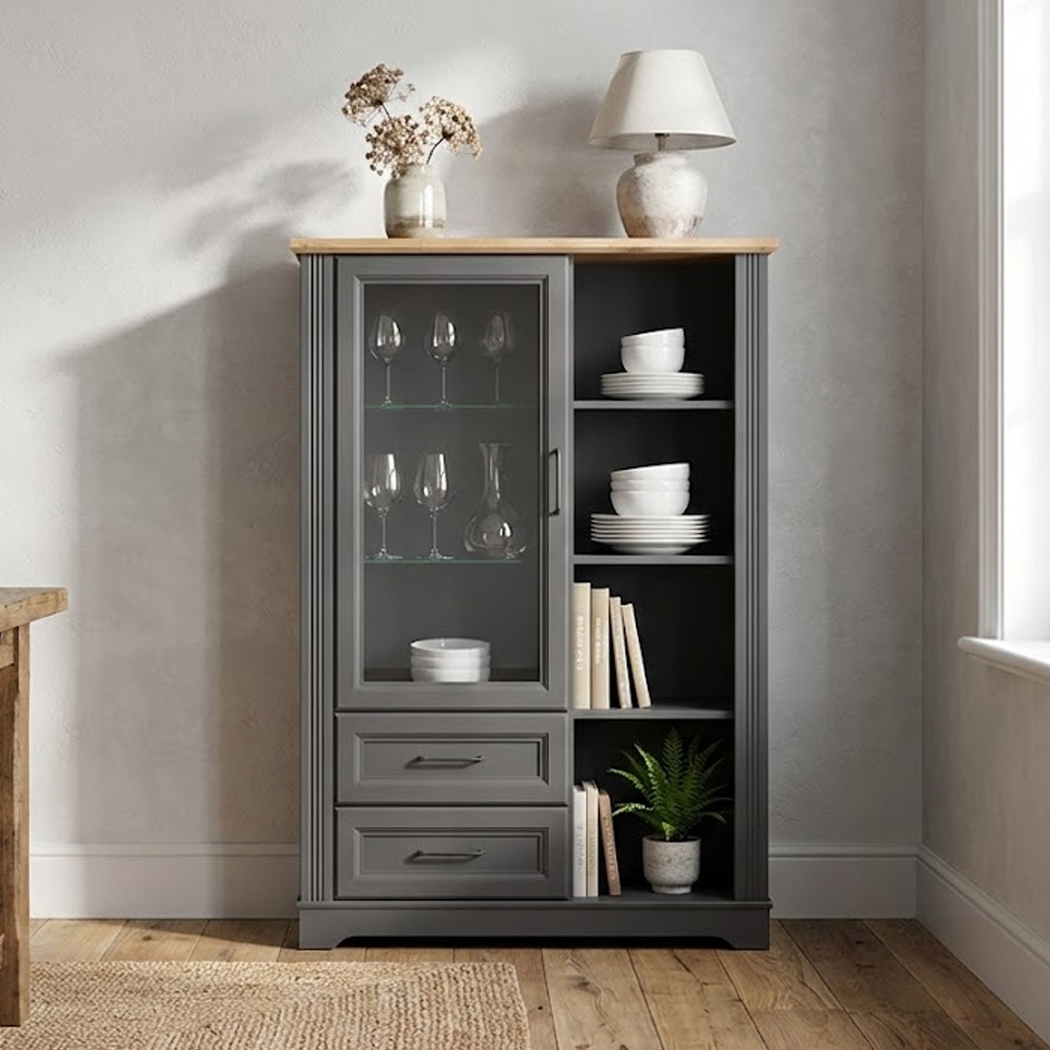 Toya Tall Display Cabinet with Glass Door, Drawers and Shelves - Graphite / Artisan Oak