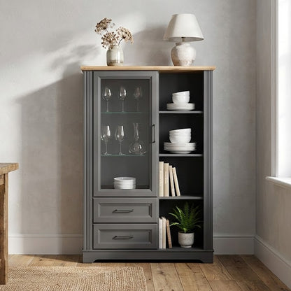 Toya Tall Display Cabinet with Glass Door, Drawers and Shelves - Graphite / Artisan Oak