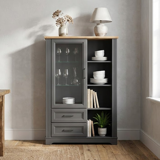 Toya Tall Display Cabinet with Glass Door, Drawers and Shelves - Graphite / Artisan Oak